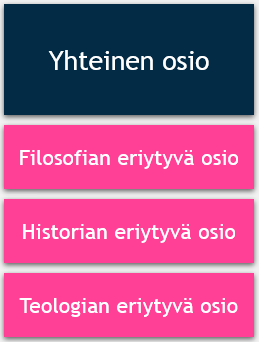 Valintakokeen H rakenne kuvattuna visuaalisessa muodossa: yhteinen osio on kuvattu sinisellä laatikolla, ja sen alla filosofian eriytyvä osio, historian eriytyvä osio sekä teologian eriytyvä osio on kukin kuvattu vaaleanpunaisella laatikolla.