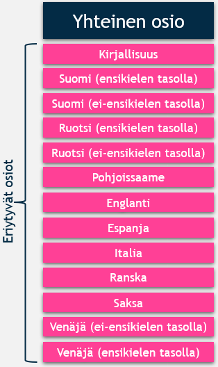 Valintakokeen I rakenne kuvattuna visuaalisessa muodossa: yhteinen osio on kuvattu sinisellä laatikolla, ja sen alla kukin eriytyvä osion on kuvattu punaisella laatikolla. Eriytyviä osioita on kirjallisuus, suomi (ensikielen tasolla), ruotsi (ensikielen tasolla), suomi (ei-ensikielen tasolla), ruotsi (ei-ensikielen tasolla), englanti, espanja, italia, pohjoissaame, ranska, saksa, venäjä (ensikielen tasolla) ja venäjä (ei-ensikielen tasolla).