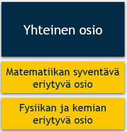 Valintakokeen osiot kuvattuna visuaalisessa muodossa: yhteinen osio on kuvattu sinisellä laatikossa, ja matematiikan syventävä eriytyvä osio sekä fysiikan ja kemian eriytyvä osio on kumpikin kuvattu keltaisilla laatikoilla.